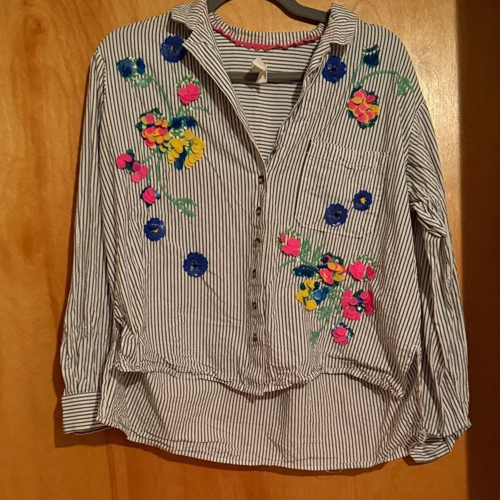 Anthropologie Maeve Striped Floral Sequin Shirt - Size 4 - Picture 8 of 13